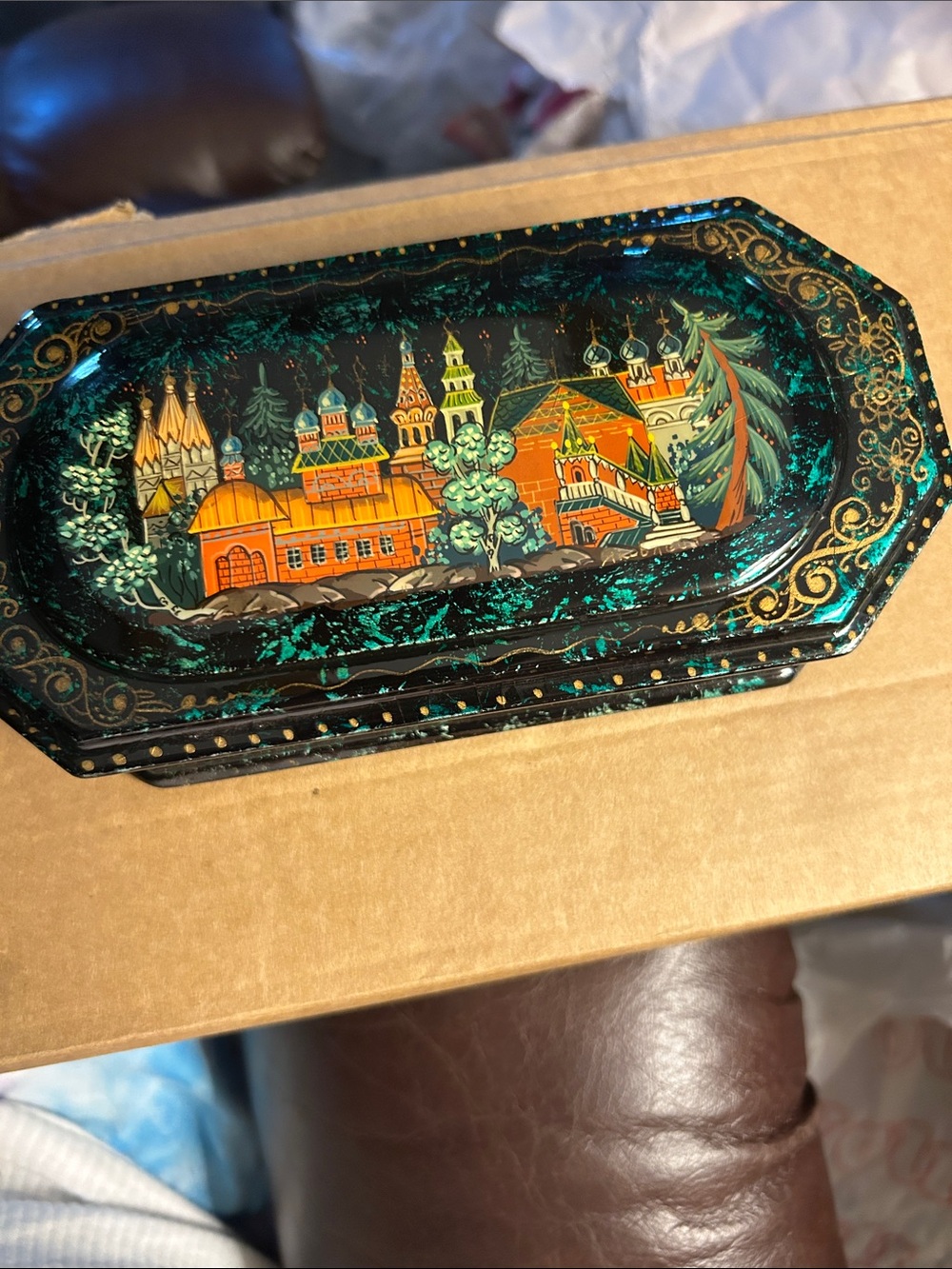 Russian Hand-Painted, Lacquered of Russian Landscape and Buildings Trinket Box.